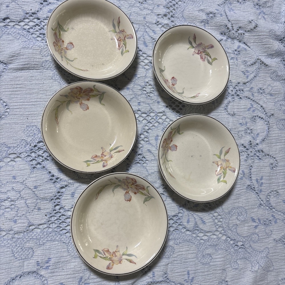 Set Of 5 Universal Cambridge Camwood Ivory Iris berry bowl 5.25" platinum trim